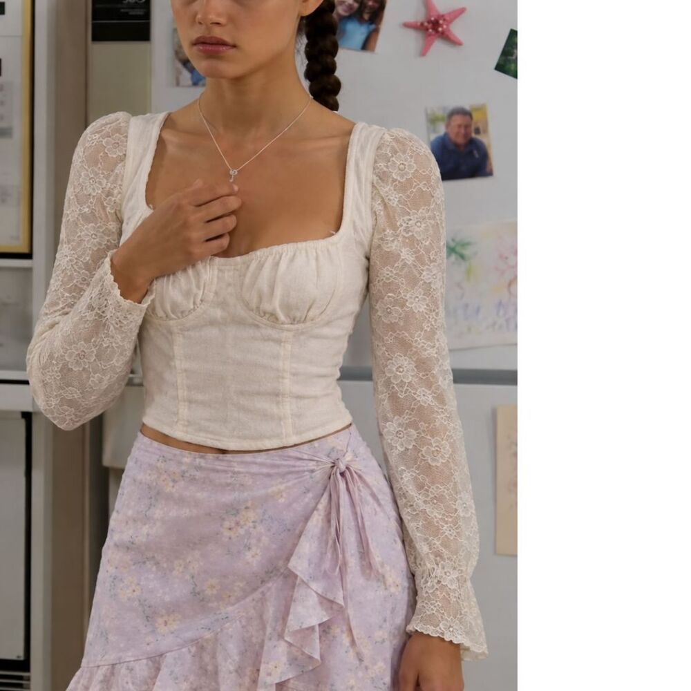 wild fable Cream Lace-Sleeve Square Neck Crop Top